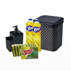 Kit Limpeza Completo: 10 Esponjas Scotch Brite, Porta Detergente, Lixeira Rattan e 2 Detergentes Ype